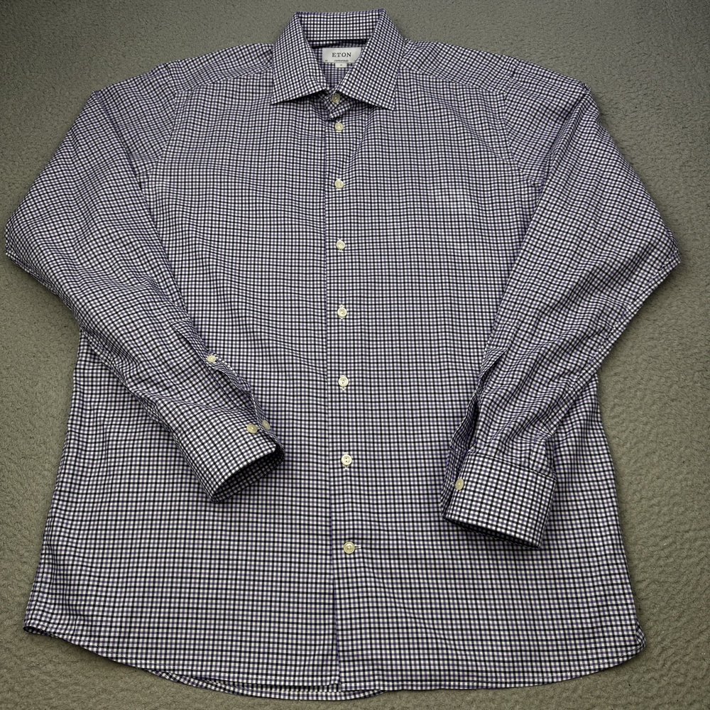 Eton Shirt Mens Extra Large Purple Blue Plaid Contemporary Fit 100% Cotton Dress